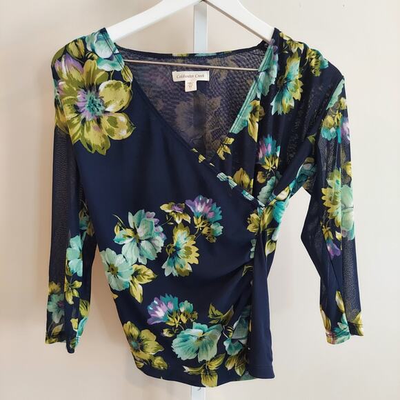 Coldwater Creek Top XS Navy Floral V-Neck Fairy Mesh Sheer Sleeve Pretty - Picture 1 of 7